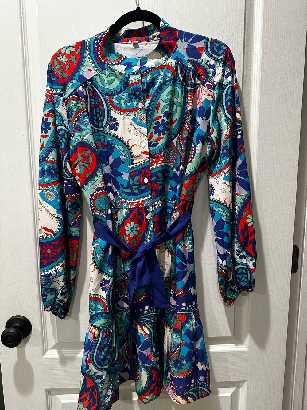 Women's Blue Multi Paisley Tie-Waist Dress